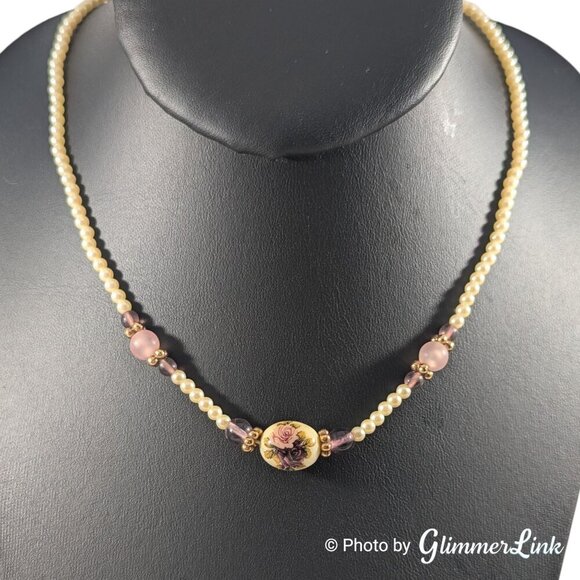 1928 Company Faux Pearl Pink Purple Roses Beaded Necklace - Picture 1 of 9
